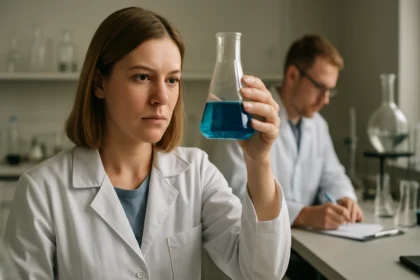 Kémikus laboratóriumban kék folyadékkal ellátott lombik, a kémiai elemek vizsgálata során