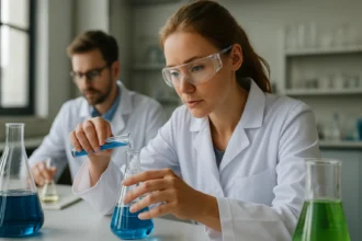 Két vegyész laboratóriumban kémiai kísérleteket végez