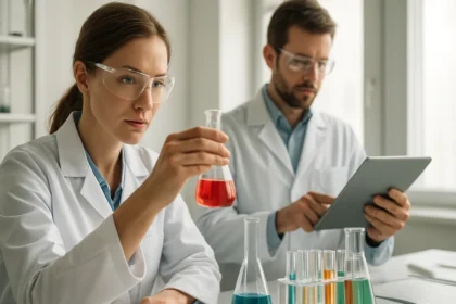 Két kutató laboratóriumban: nő kémcsövet tart, férfi tabletet használ.