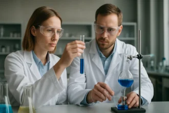 Két kutató kémiai kísérleteket végez egy laboratóriumban.