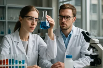 Két kutató laboratóriumban, kék folyadékos üvegből mintát vizsgálnak.