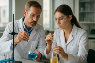 Két tudós kémiai kísérletet végez laboratóriumban