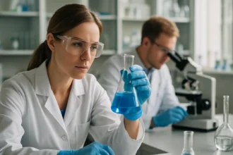 Kémiai kísérlet, a 2-oxopropánsav vizsgálata laboratóriumban.