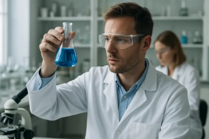 Kémikus laboratóriumban, kék folyadékot vizsgálva