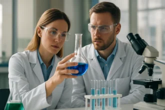 Két tudós laboratóriumban, kék folyadékkal töltött lombikkal