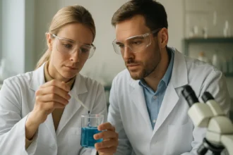 Két tudós laboratóriumban kémiai reakciót figyel meg.