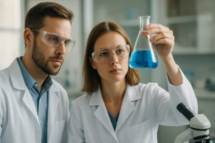 Két tudós, akik figyelmesen vizsgálnak egy kémcsőben lévő kék folyadékot.
