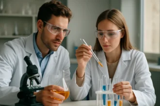 Két vegyész laboratóriumban kémiai kísérletet végez.