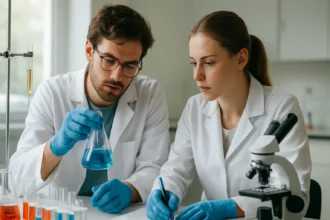 Két kutató elektrokémiai kísérletet végez laboratóriumban.