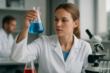Kémikus nő laboratóriumban kék oldattal teli kémcsövet tart a kezében