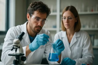 Két tudós laboratóriumban kémiai kísérletet végezk