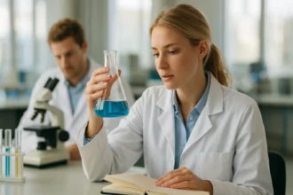 Laboratóriumi kísérlet PAH vegyületekkel, női kutató.