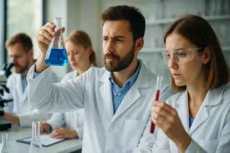 Kémiai kísérlet laborban, pajsbergit ásvány kutatása