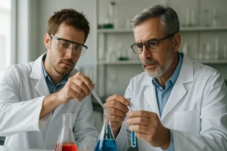 Két tudós laboratóriumi kísérletet végez pakura analízisével.