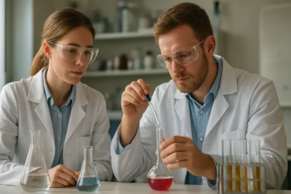 Két tudós laboratóriumban, palmitil-alkohol vizsgálata során.