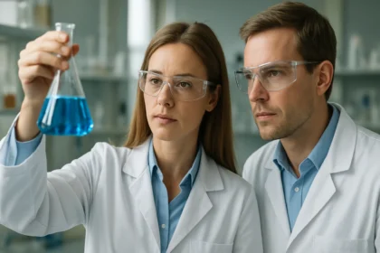 Két laboratóriumi szakember palmitin-alkoholt vizsgál a laboratóriumban