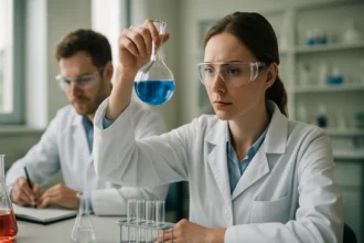 Kémiai laboratóriumi kísérlet metil-etanoát és metil-acetát szerves vegyületekkel.