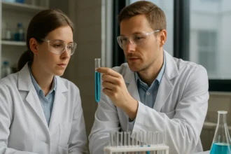 Két tudós laboratóriumban, kémcsövet vizsgálnak kék folyadékkal