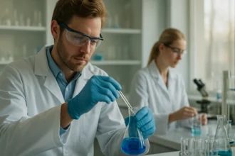 Kémiai laboratóriumban dolgozó tudósok