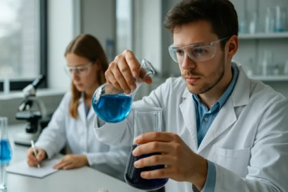 Kémiai kísérletezés etil-paration analízis során laboratóriumban.