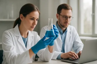 Két kémikus laboratóriumban, kék folyadékkal teli mérőedénnyel.