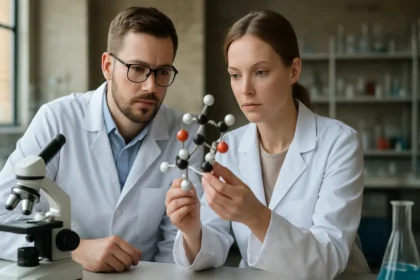 Két tudós gázkeverékek vizsgálatán dolgozik a laborbeli környezetben.