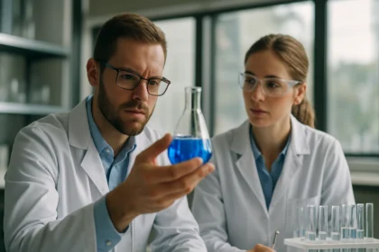 Két tudós laboratóriumban a Párizsi gipsz kémiai vizsgálatán dolgozik.