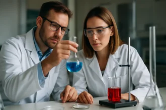 Két tudós kémiai anyagokat vizsgál egy laboratóriumban, különböző folyadékokkal.