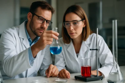 Két tudós kémiai anyagokat vizsgál egy laboratóriumban, különböző folyadékokkal.