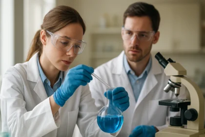 Kutatók patulin vizsgálata a laborban.