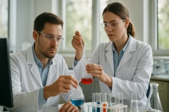 Két tudós kémiai kísérletek közben laboratóriumban.