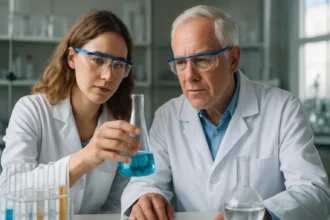 Két tudós laboratóriumban kémiai folyamatot vizsgál.