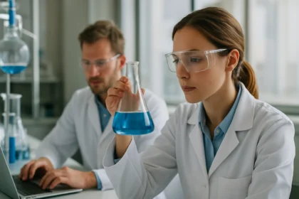 Laboratóriumi kísérlet folyamatban, kémiai anyag elemzése