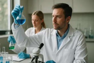 Két kémikus laboratóriumban, kék folyadékot vizsgálnak.