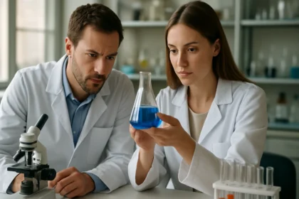 Két kutató laboratóriumban, PDLA kémiai elemzése közben