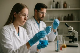 Két laboratóriumi dolgozó kémcsövekkel és folyadékokkal dolgozik.