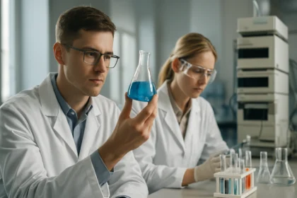 Laboratóriumi kísérletezés koronavegyületekkel, kémikusok munkája.