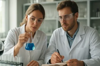 Két kutató laboratóriumi környezetben, kék oldattal végzett kémiai kísérletet tanulmányozva.