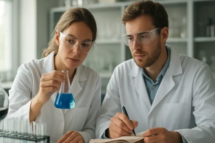 Két kutató laboratóriumi környezetben, kék oldattal végzett kémiai kísérletet tanulmányozva.