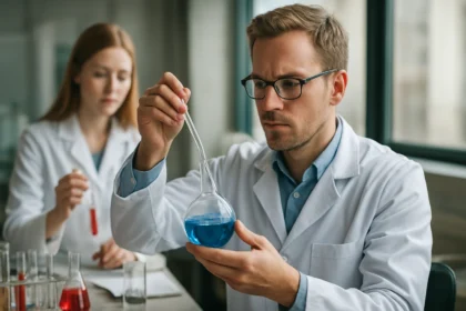 Kémiai kísérlet: kutatók metilén vizsgálata laboratóriumban.