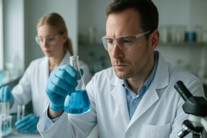 Két vegyész laboratóriumi környezetben, kémiai kísérleteket végeznek.