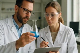 Két kutató a pentahidroxiflavon kémiai elemzésén dolgozik.