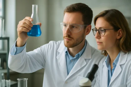 Két kémikus laboratóriumban, akik egy kék folyadékot vizsgálnak.