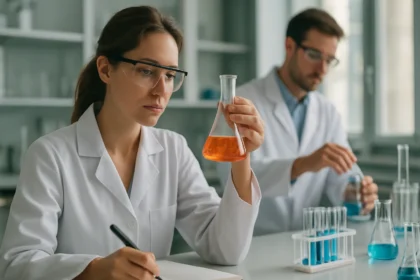 Kutatók kémiai kísérlet közben az laboratóriumban.