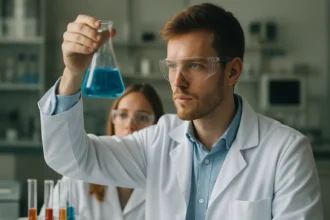 Kémiai kísérlet folyamatban, szakértő laboratóriumi környezetben.