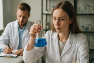 Két vegyész laboratóriumban, kék folyadékkal teli lombikkal.