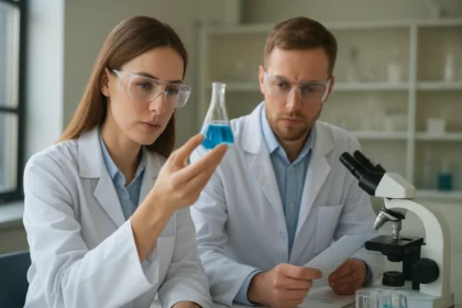 Két kutató a laboratóriumban, kék folyadékkal teli kémcsövet vizsgálva.