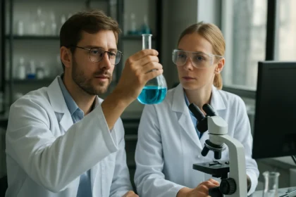 Két vegyész laboratóriumban kék folyadékot vizsgál.