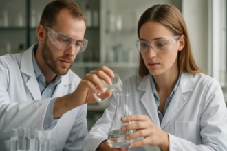 Két kutató, akik laboratóriumi kísérletet végeznek, kémiai anyagokat mérve.