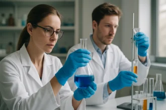 Kémikusok metiléncsoport kémiai vizsgálatát végzik laboratóriumban.